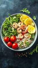 A vibrant salad features succulent shrimp, fresh arugula, ripe cherry tomatoes, and zesty lemon slices, creating a colorful and nutritious meal
