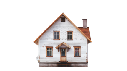 A quaint small white house with a brown roof on white background