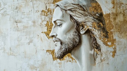 A gold and white painting of Jesus Christ