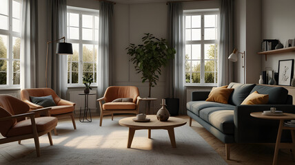 Fototapeta premium modern living room with fireplace, ai generated