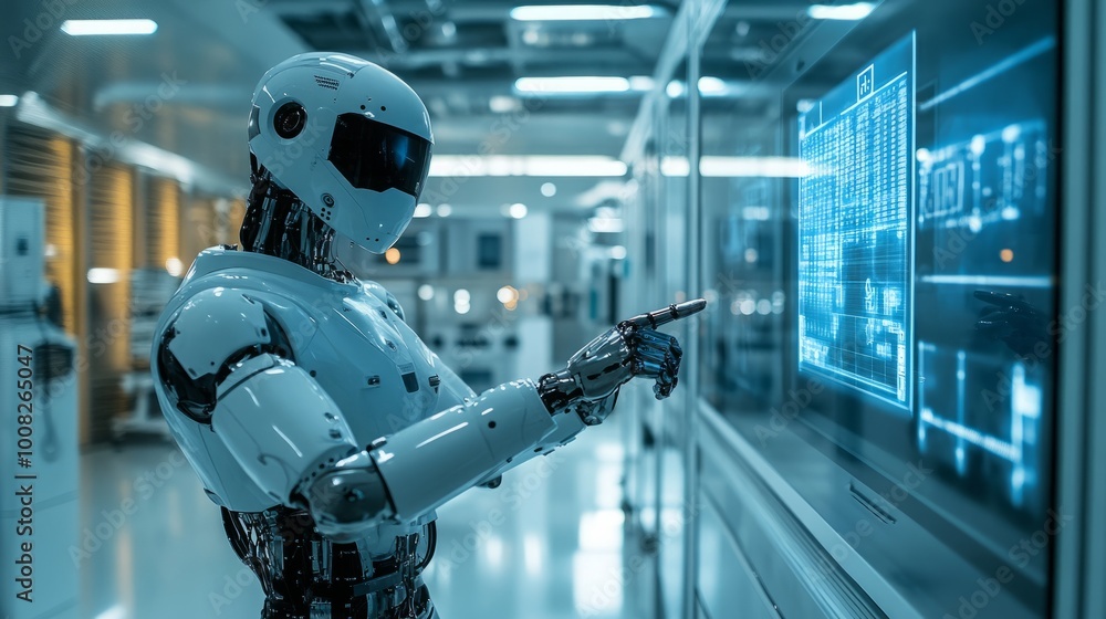 Poster a white humanoid robot with a black visor points at a large screen displaying data in a futuristic f