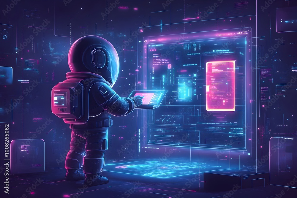 Poster futuristic astronaut exploring holographic product display interface