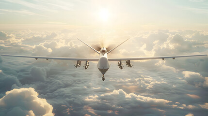 Large Airplane Soaring Through Clear Blue Sky with Warm Sunlight, Military Drone Animation