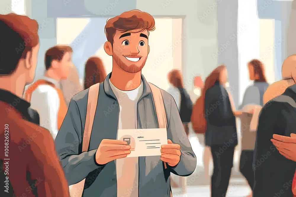 Poster flat style character holding holographic business card at networking event