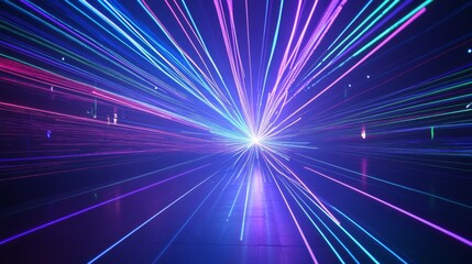 Bright, colorful laser beams radiate from a central point, creating a stunning display of light and motion. The image highlights the beauty and energy of modern lighting effects in a dark, atmospheric