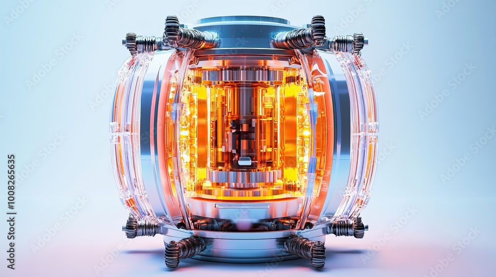 Poster futuristic spherical device with glowing core and intricate mechanical details