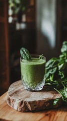 Spinach smoothie glass on wooden table