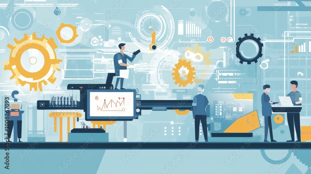 Poster a stylized illustration showcasing a futuristic industrial setting with workers using advanced machi