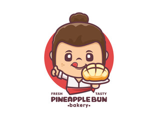 woman chef cartoon  mascot with pineapple bun. design template logo