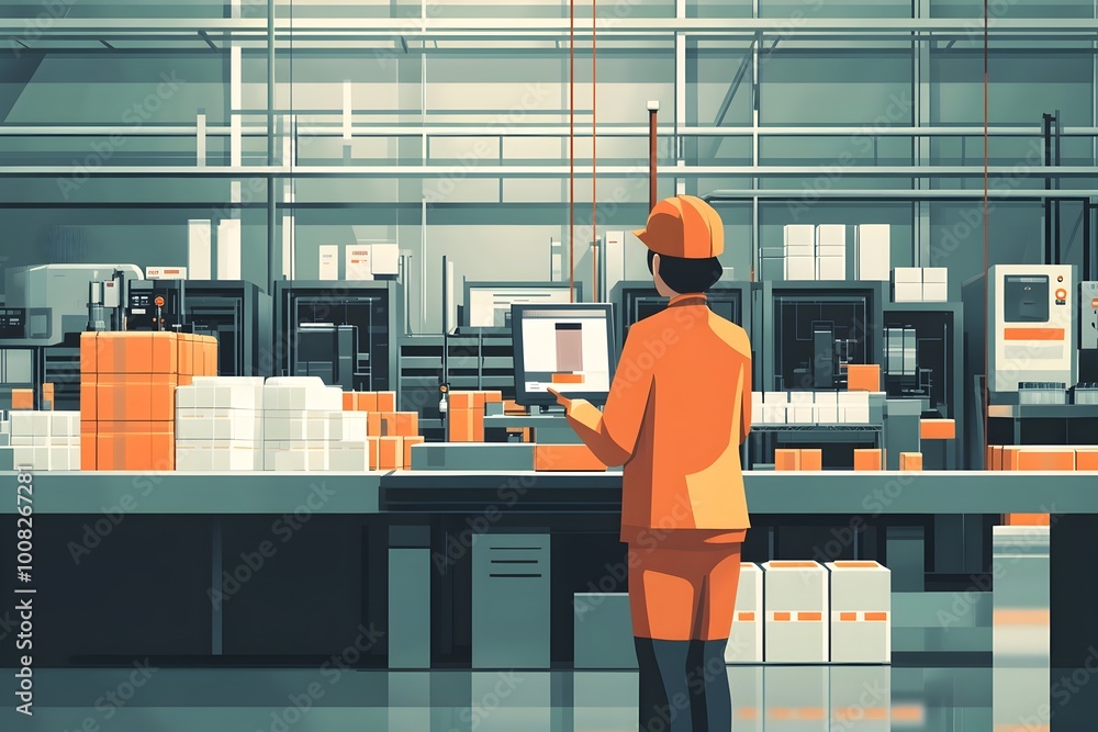 Poster character assembling products in a modern factory with three colors