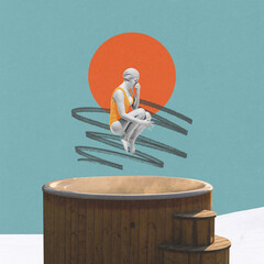Contemporary art collage. woman curls into dive above steaming wooden hot tub, with sun setting on...