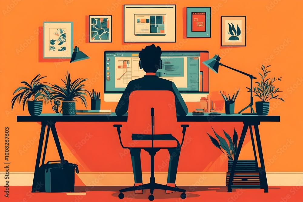 Poster flat style character designing product prototype on computer in cozy office workspace