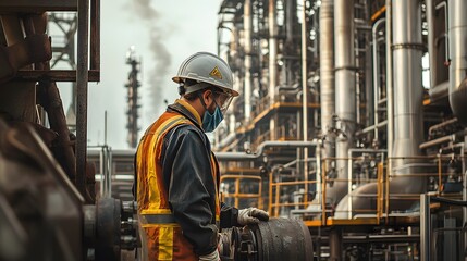Fototapeta premium Worker in Safety Gear at Oil Refinery Facility