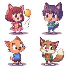 Fototapeta premium Adorable chibi-style kids and animal characters with charming expressions and bright colors
