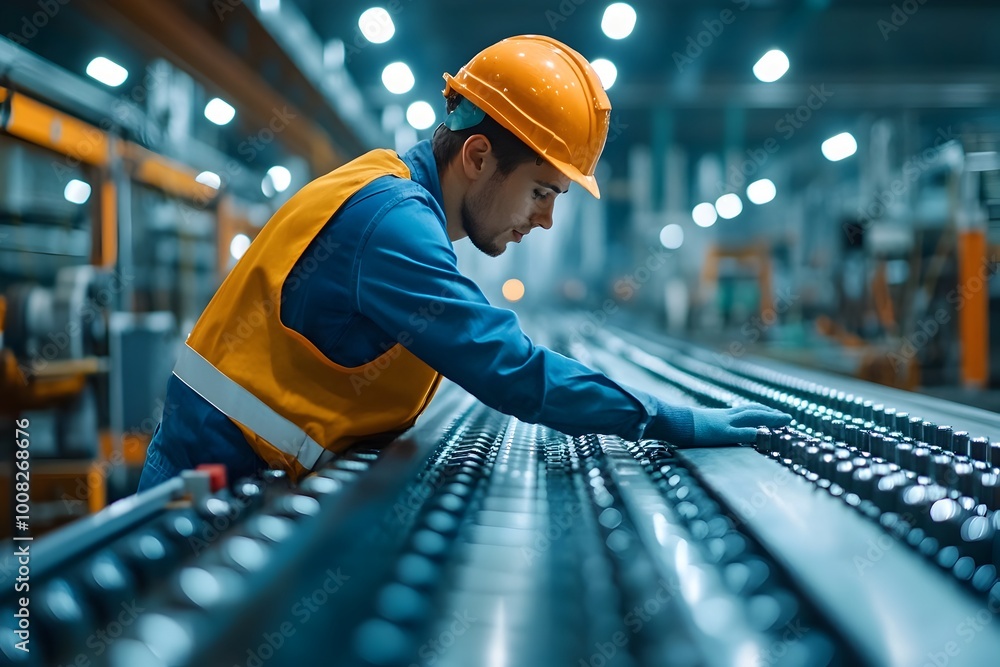 Poster worker inspecting control at modern production line with advanced machinery