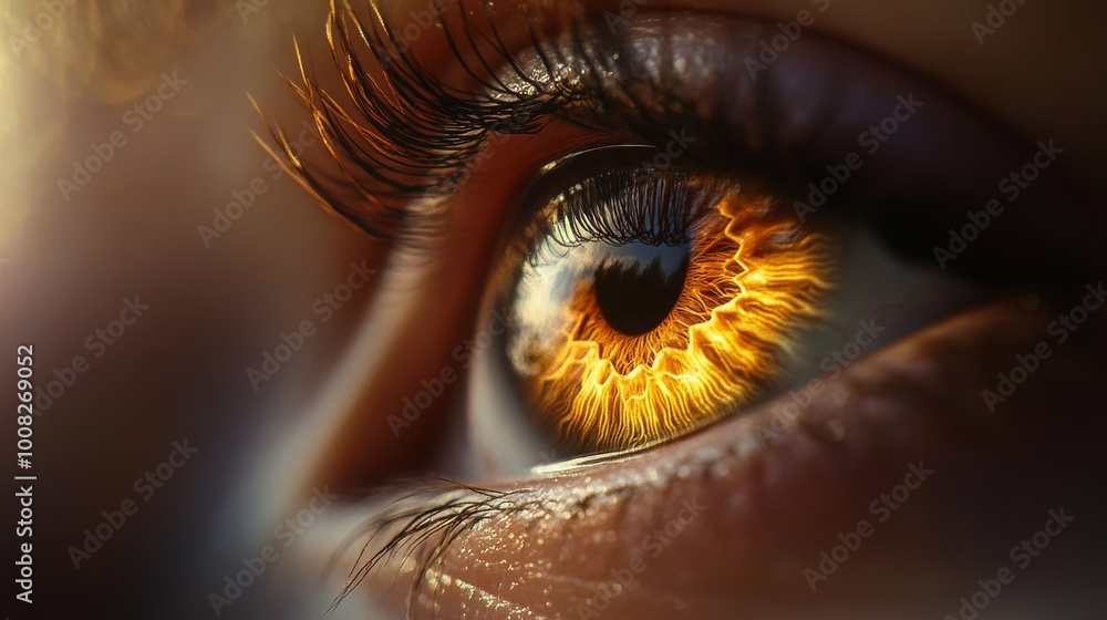 Poster an extreme close-up shot of a human eye with a golden and fiery iris. the patterns of the eye are in