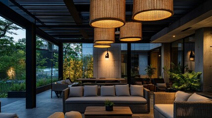 Fototapeta premium The outdoor patio has a ceiling lamp made of woven wood.