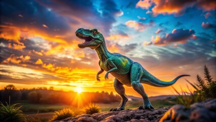 Vintage dinosaur character with vibrant colors and playful design in a whimsical landscape setting