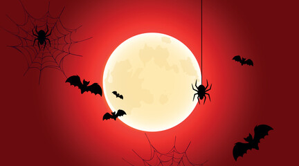 Halloween Spooky Nighttime Scene with full moon, bats and spider horizontal red background.