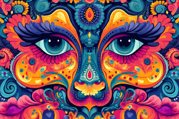 Naklejka premium Abstract face with large eyes trippy colourful hippie style background. 