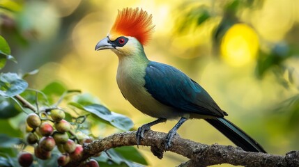 Fototapeta premium The red-crested turaco is a type of bird found only in western Angola. It eats fruit and is part of a group of African birds called turacos.
