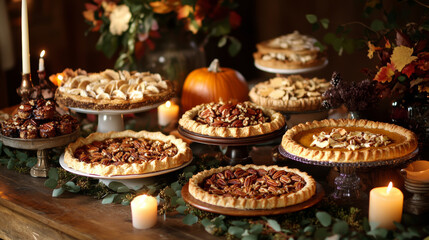 Thanksgiving dessert table with a variety of pies, including pecan, apple, and pumpkin pies