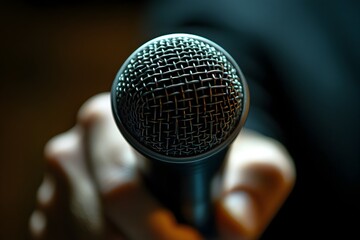 Obraz premium Close up of CEO Holding Microphone Addressing Packed Conference on Corporate Strategy and Business