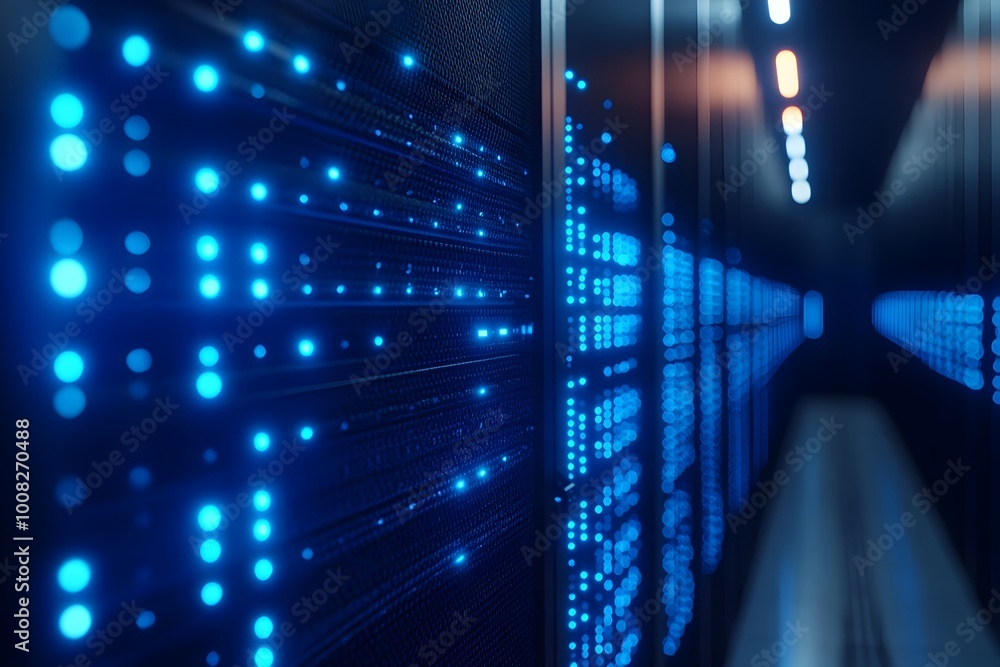 Poster glowing blue server room representing the power of digital technology and data processing