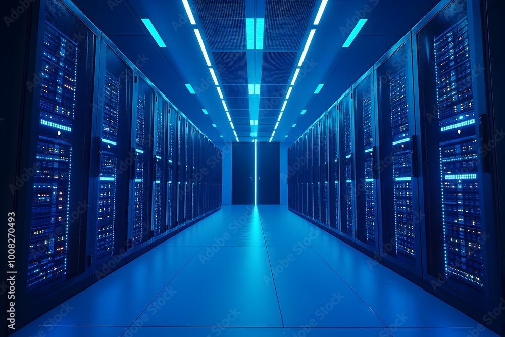 Poster high tech server room with glowing blue lights representing data and tech power