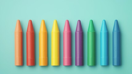 A vibrant collection of colorful crayons arranged neatly on a light blue background, showcasing a variety of bright and cheerful hues.