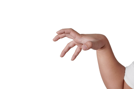 Male person hand in clawed zombie like gesture, reaching grab gripping something, cut out isolated