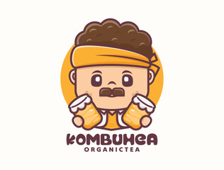 cute man cartoon mascot design with kombucha, food logo template