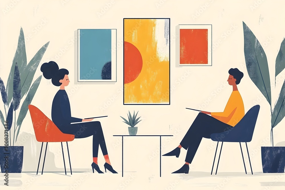 Poster flat style character consulting a client in a professional business meeting with a three color