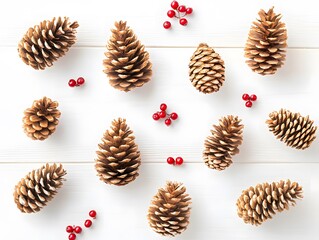 Obraz premium A vibrant arrangement of pinecones and red berries on a white wooden surface, evoking a cozy, natural holiday atmosphere.