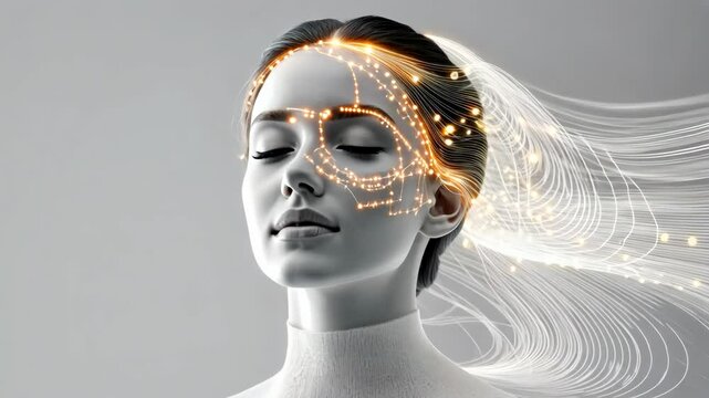 Portrait of woman with futuristic led face mask, illustrating innovative cosmetic technology for skincare procedures with ai and robotics concept