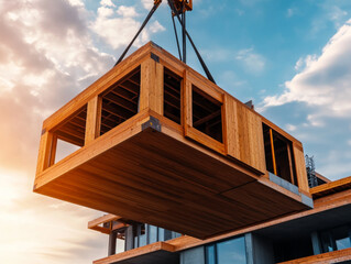 A close-up of cross-laminated timber (CLT) panels being lifted into place by a crane on a multi-story construction project.