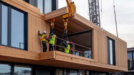 A time-lapse view of workers assembling a mass timber building, with wooden panels being fitted together.