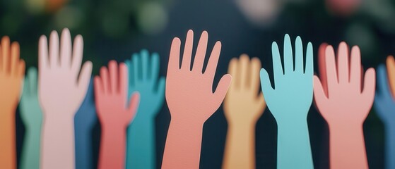 Colorful raised hands symbolizing support, diversity, and community engagement against a blurred natural background.