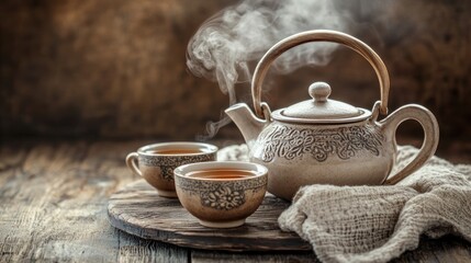 Steaming teapot and two teacups with intricate designs on a rustic wooden table.