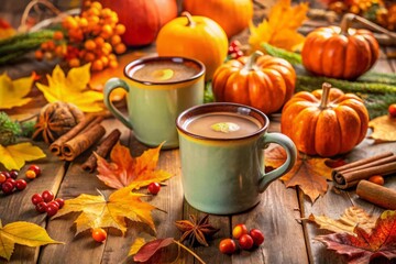 Warm drinks in festive mugs, surrounded by autumn leaves and seasonal decor, create a cozy Thanksgiving atmosphere