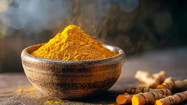 A bowl of turmeric powder sits on a wooden surface, next to several turmeric root pieces