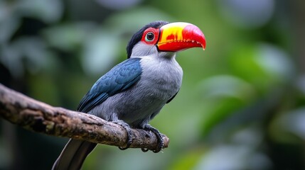 Fototapeta premium The Toucan Barbet, a stunning grey and red bird, was spotted in Bellavista, Mindo, Ecuador. This exotic bird is a highlight of wildlife watching in South America.