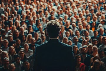 Politician making a speech to a large enthusiastic crowd in a campaign rally  symbolizing