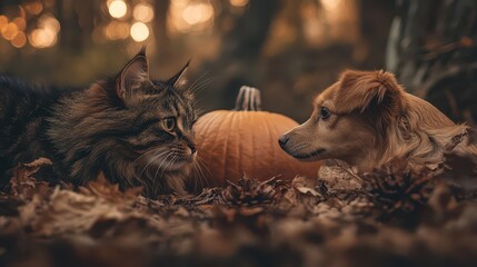 A cat and dog interacting in a cozy autumn setting with a pumpkin amidst fallen leaves, creating a warm, rustic outdoor vibe.