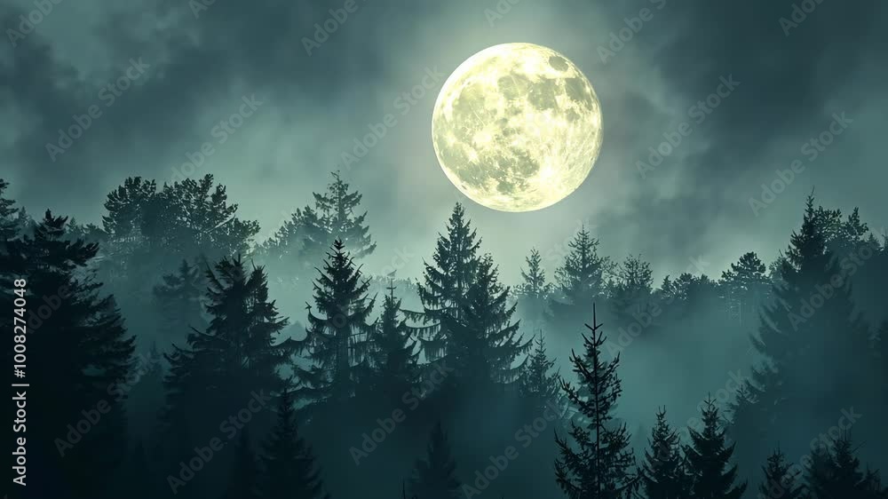 Wall mural a full moon shines over a misty forest, casting an ethereal glow on the towering pines