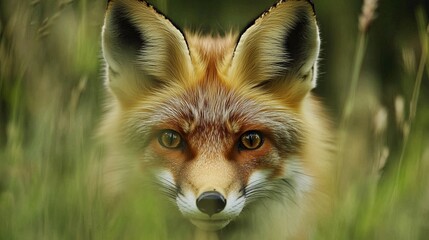 Obraz premium A close-up shot of a curious red fox peering through the tall grass