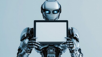 A silver robot holds a blank screen tablet, displaying a white space for your message.