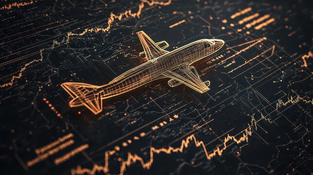 A digital rendering of an airplane with graph charts representing data analysis and aviation statistics in a high-tech environment.