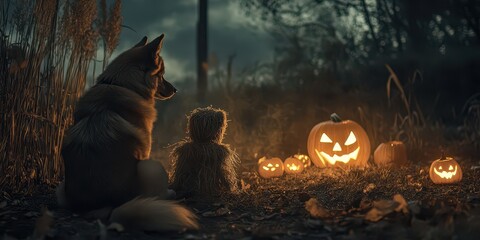 A dog and child enjoy a magical Halloween night by glowing pumpkins, surrounded by a mystical forest ambiance.