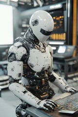 Fototapeta premium Artificial intelligence robot working at a computer in a futuristic environment.